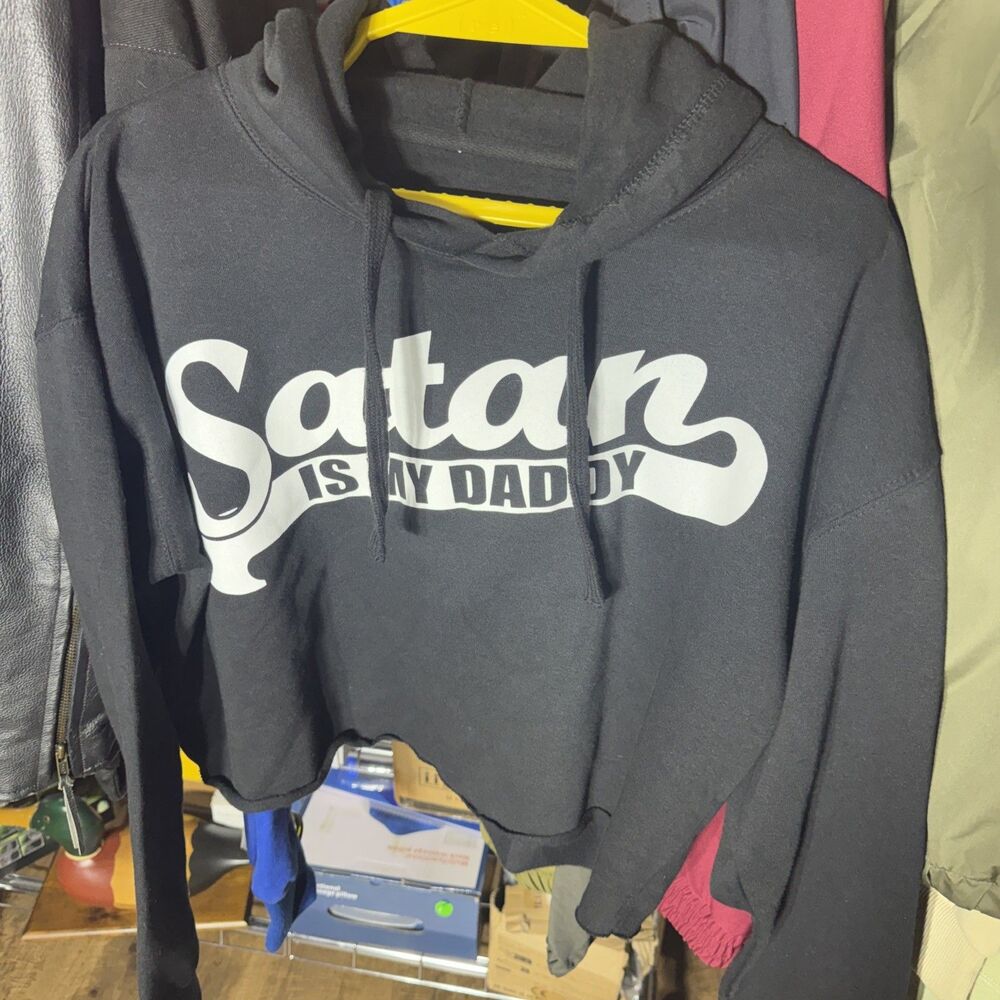 BlackCraft Cult Satan Is My Daddy Cropped Hoodie Goth Graphic Sweatshirt Large